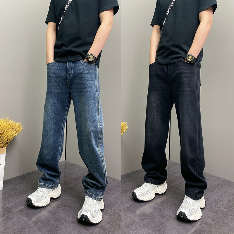 加绒美式重磅水洗韩版蓝色牛仔裤