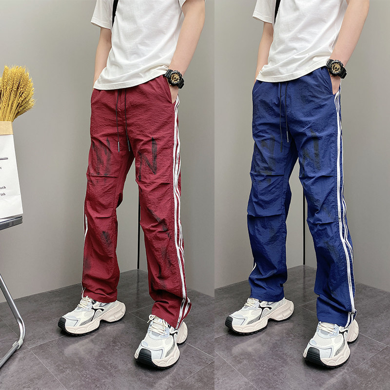 2026年夏季薄款潮流韩版条纹脏脏裤青年男士美式休闲直筒阔腿裤子