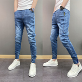 潮流男士 小脚修身 纯色束脚裤 春季 韩版 ins高级百搭网红同款 牛仔裤