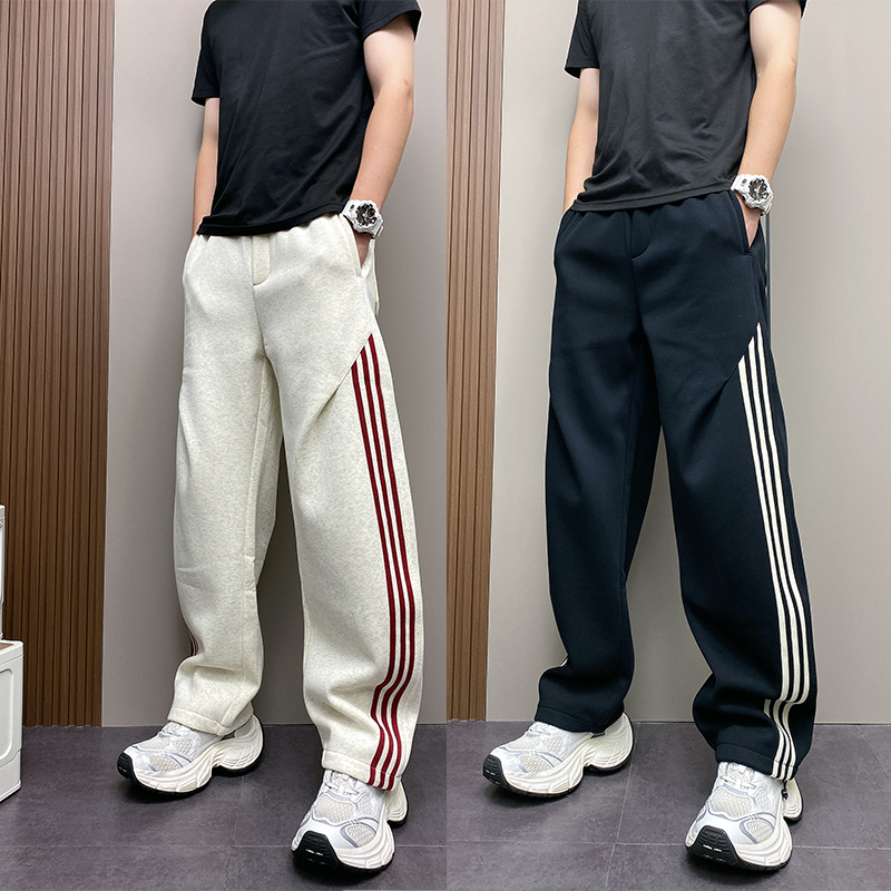 美式条纹运动卫裤男加绒新款高街宽松垂感直筒阔腿百搭休闲长裤子