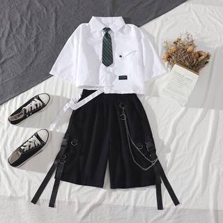 2021夏季工装套装女学生韩版宽松设计感衬衫高腰帅气工装裤两件套