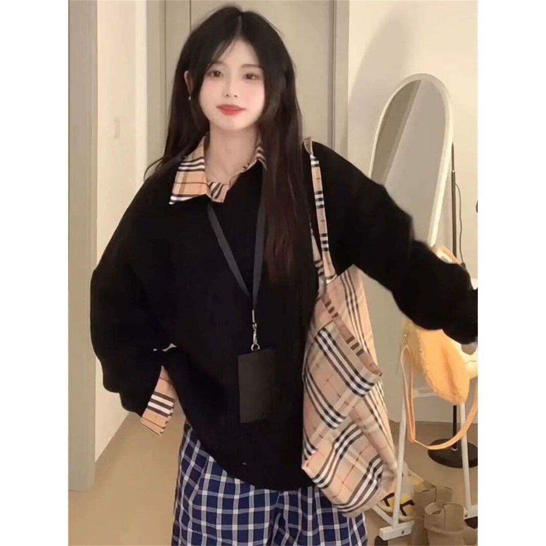 港风甜美减龄黑色V领纯色针织衫毛衣女黄格纹衬衫两件套装