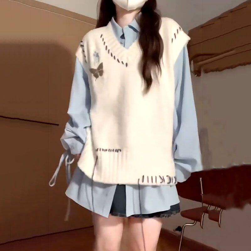 早秋穿搭一整套v领明线破洞毛衣马甲针织背心女蓝色长衬衫两件套