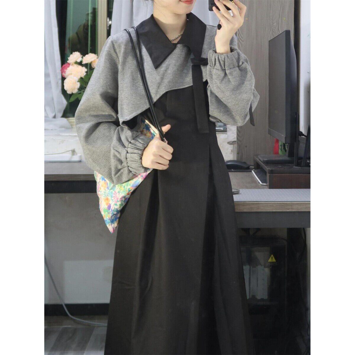 秋冬复古风气质收腰黑色背心连衣裙女学生灰色针织上衣两件套