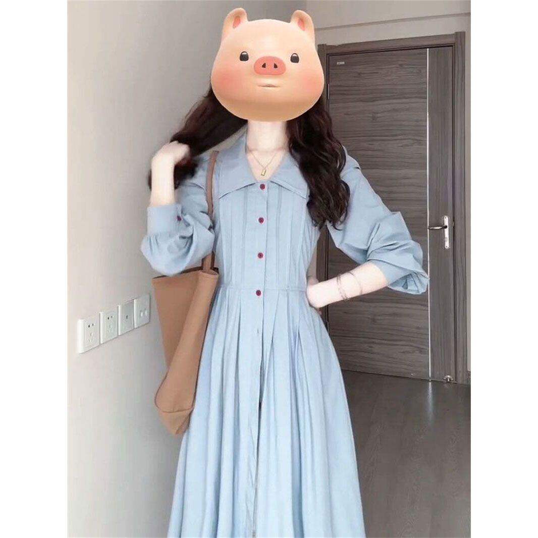 法式温柔风翻领超仙蓝色衬衫连衣裙女学生秋季收腰简约单排扣长裙
