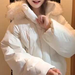 韩版连帽面包服女宽松毛领白色棉服冬季小个子短款保暖外套潮