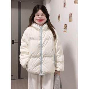 韩版白蓝撞色拼接连帽条纹面包服女冬季新款百搭宽松学生棉服外套