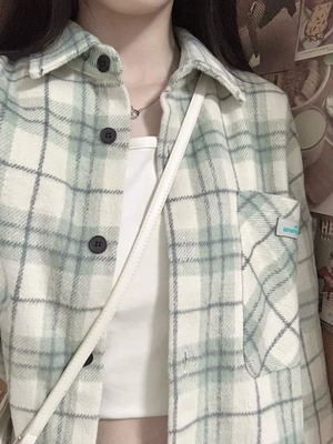 绿色磨毛格子衬衫女款秋季法式小个子外套厚韩系复古长袖上衣学生