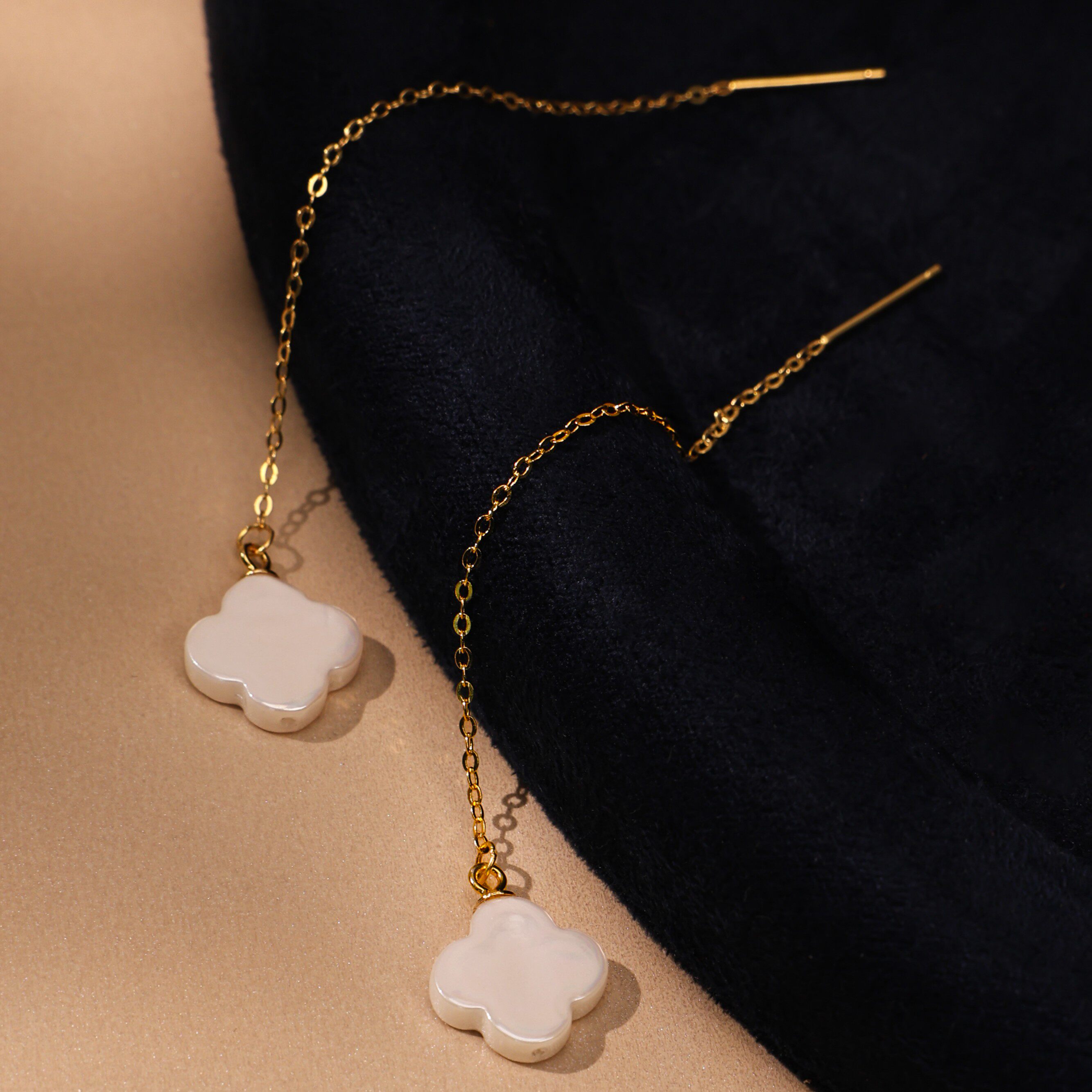 丽沁925银珠光四叶草耳线女长款显脸小纯银耳饰气质耳环