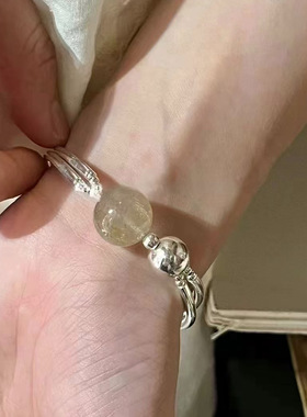 韩国ins风S925纯银招财天然发晶串珠手链女百搭小众双层弹力手镯