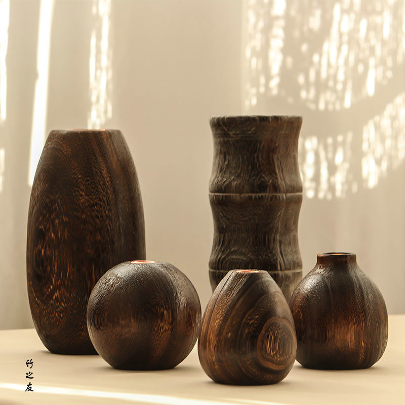 日式花器复古创意竹木摆件台面新中式客厅桌面花店插花干花小花瓶-封面
