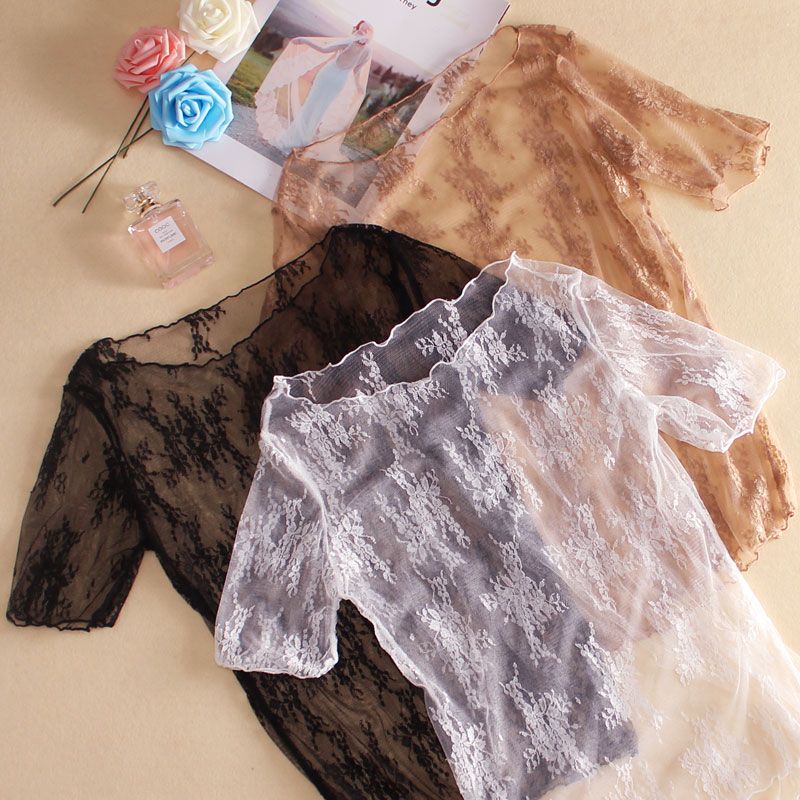 短袖女蕾丝打底衫网纱薄纱内搭夏天薄款短款上衣低领透明透视镂空