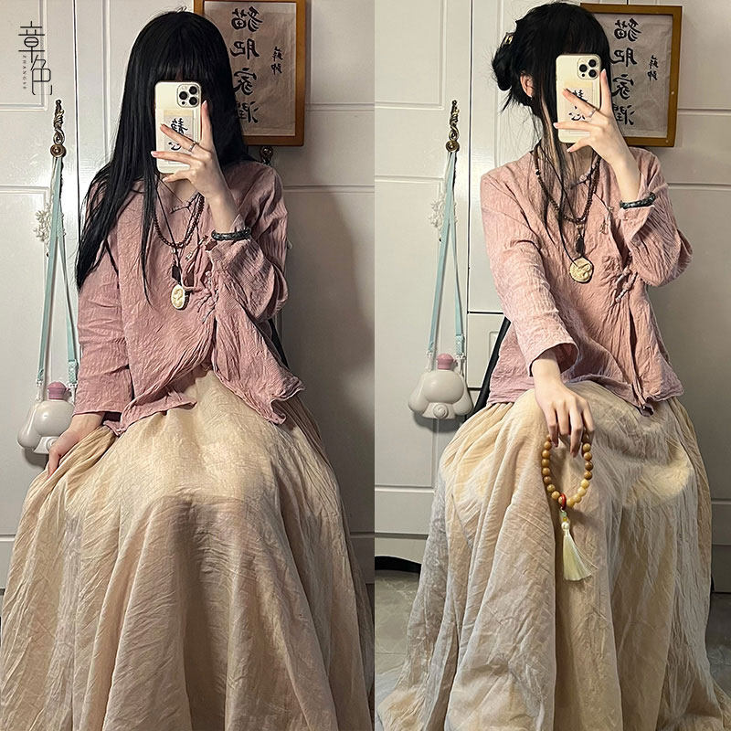 夏季棉麻风格文艺复古高腰半身裙女秋亚麻不规则大摆中长裙子双层