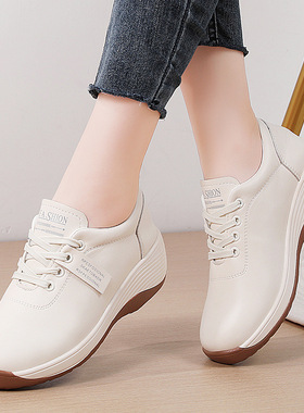 跨境女鞋软底增高单鞋2024春秋新款厚底舒适休闲坡跟平底妈妈皮鞋