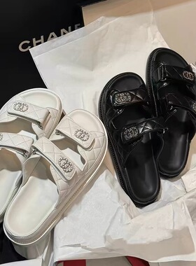 小香风魔术贴拖鞋女2024新款真皮罗马沙滩凉鞋露趾百搭平底半拖鞋