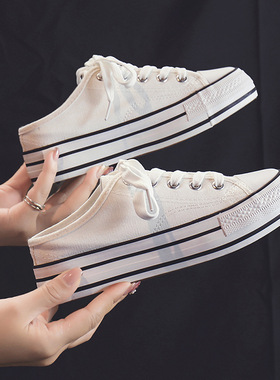 富步2024春季新款厚底内增高5cm帆布鞋女松糕底胶鞋学生半托布鞋