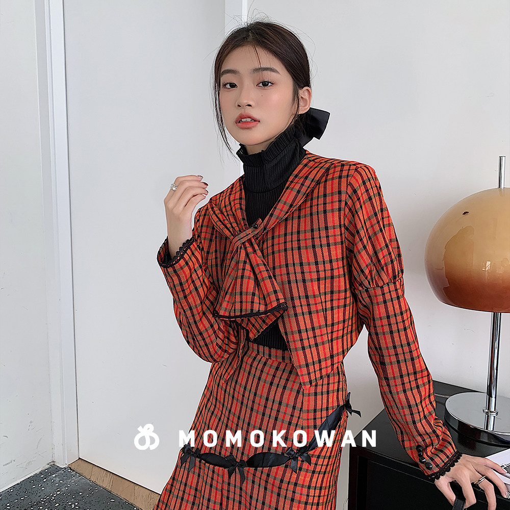 领结蝴蝶结甜酷少女套装格纹