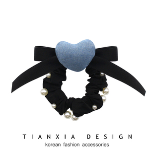 韩国儿童复古牛仔爱心超大蝴蝶结珍珠大肠圈女童高马尾发圈头饰潮