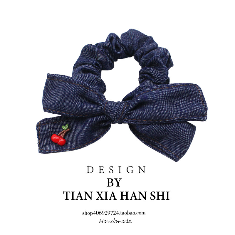 早秋儿童可爱牛仔蝴蝶结肠圈女童樱桃高马尾森系女孩百搭简约头绳