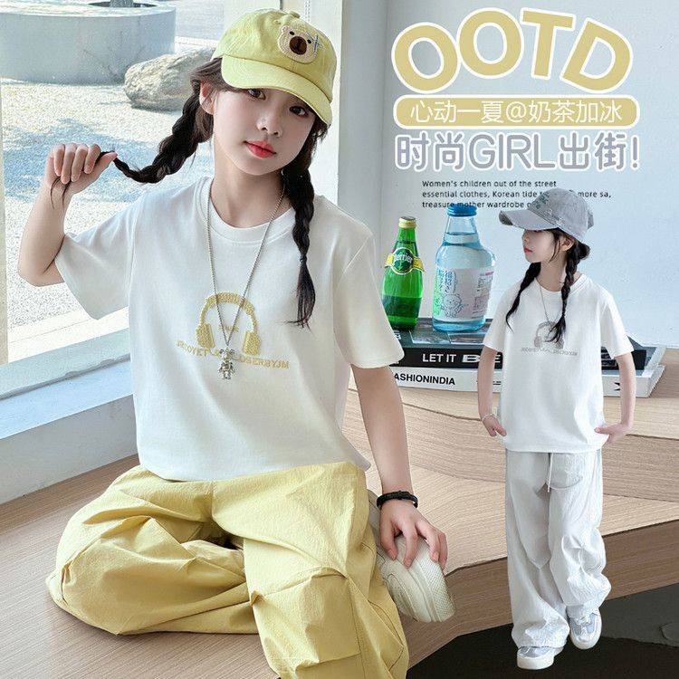 女童夏季短袖T恤套装2026新款洋气中大童夏款休闲工装裤两件套潮