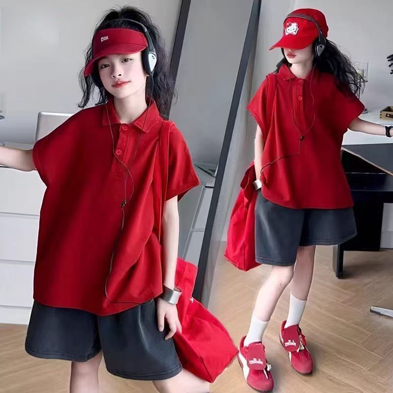 2026夏季新款韩版潮款红色Polo衫短袖T恤女童短裤洋气女孩两件套