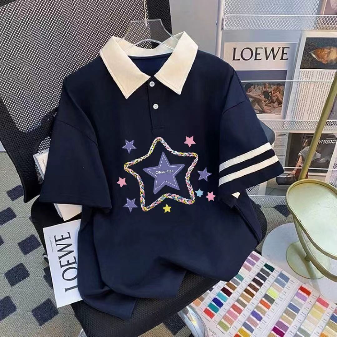 女童Polo衫短袖夏季2026新款儿童藏青星星印花学院风半袖洋气上衣