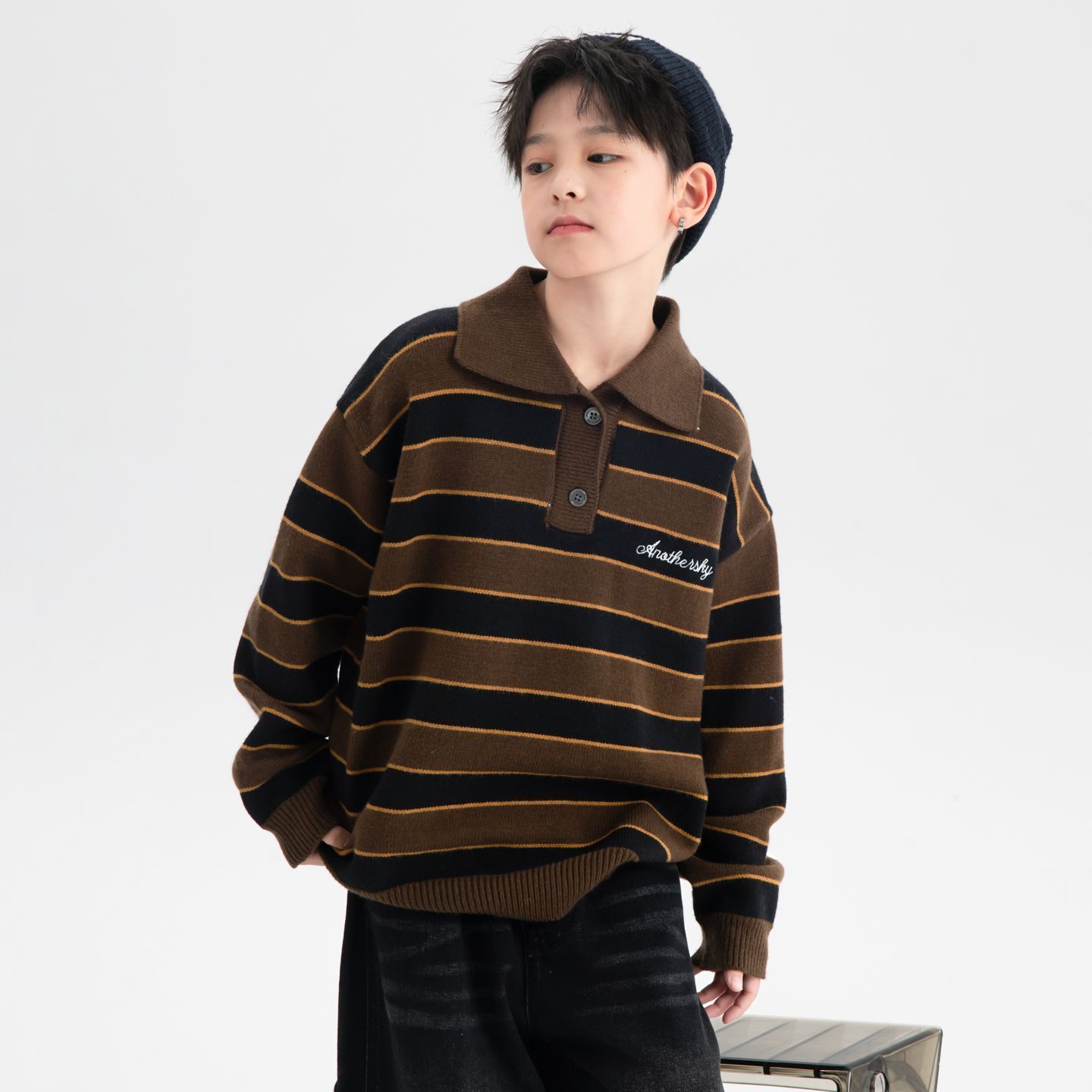 男童冬装polo领毛衣2025新款儿童条纹针织衫中大童线衣秋冬季加厚
