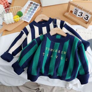 男童针织毛衣童装2025新款秋冬装撞色条纹男宝宝洋气套头宽松上衣