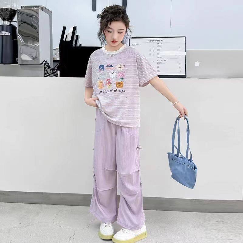 女童夏季套装2026新款夏装洋气卡通短袖T恤儿童休闲工装裤两件套