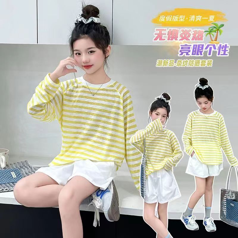 女童夏季防晒套装2025新款儿童夏装韩系轻薄长袖T恤短裤两件套潮