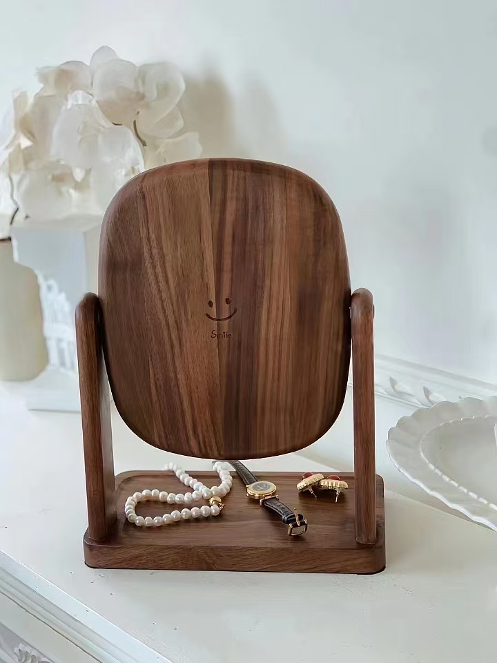 北美黑胡桃木化妆镜台式桌面实木家用卧室化妆镜收纳盒一体梳妆镜