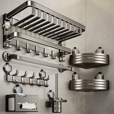 枪灰色卫生间置物架吸盘式网篮浴巾架免打孔浴室置物架加粗壁挂式