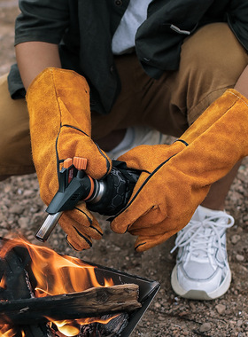 户外BBQ长款防烫手套牛皮耐高温隔热烤箱手套露营防护手套烧烤用
