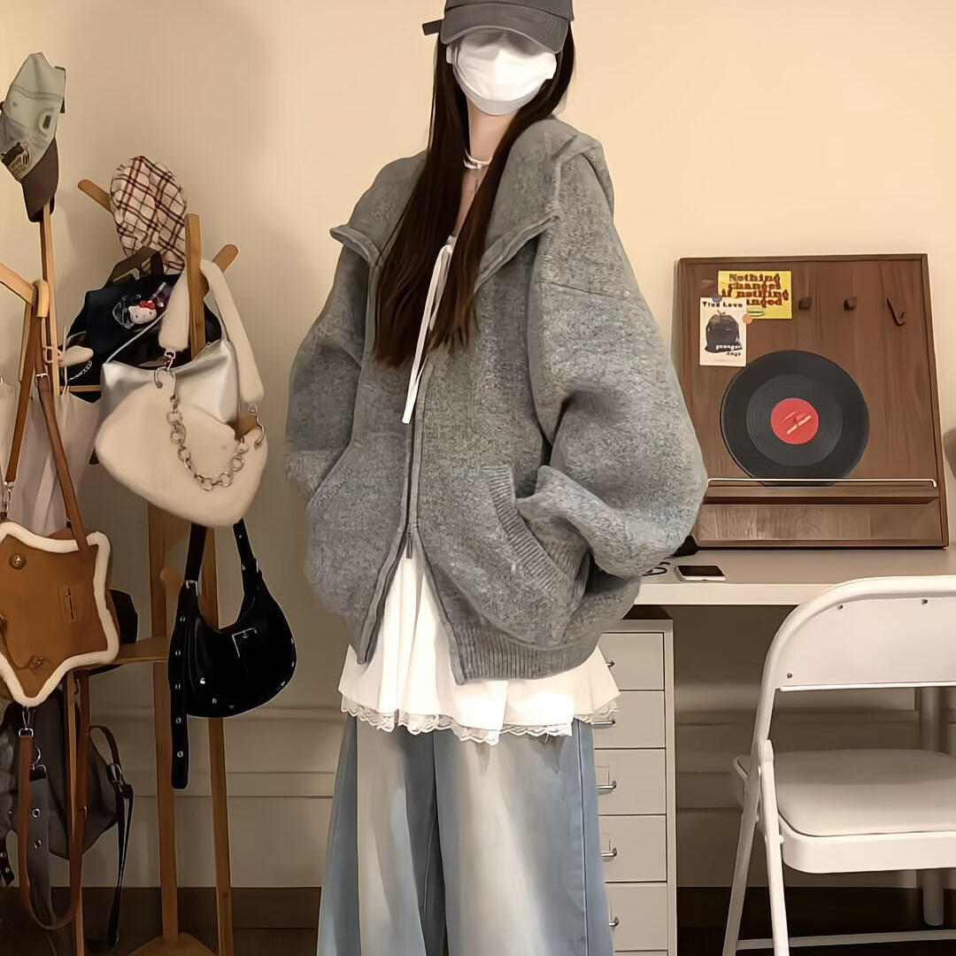 连帽卫衣毛衣开衫外套女针织衫慵懒高级感2025新款韩系秋冬季穿搭
