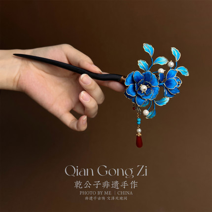 非遗手工掐丝绒花粉色红色蓝色发钗发簪汉服新娘发饰仿点翠婚礼