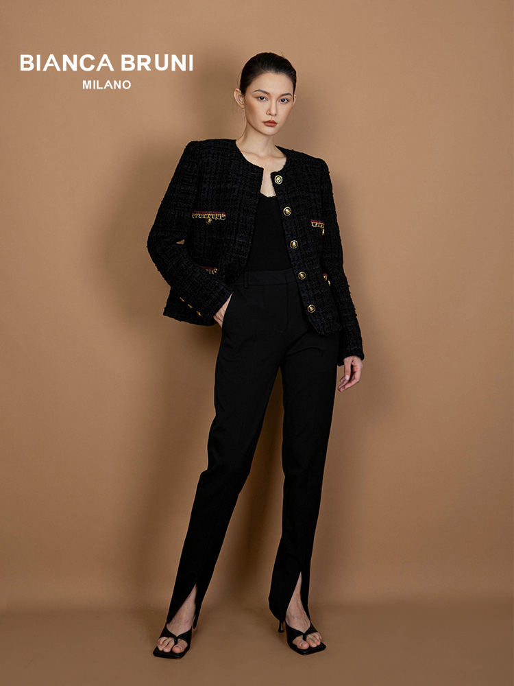 Bianca Bruni羊皮链条编织黑金纽扣小香外套重磅真丝内衬宽松短款