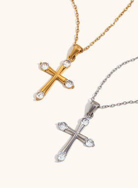 欧美跨境热卖时尚简约不锈钢镀18K金色十字架锆石吊坠项链饰品女