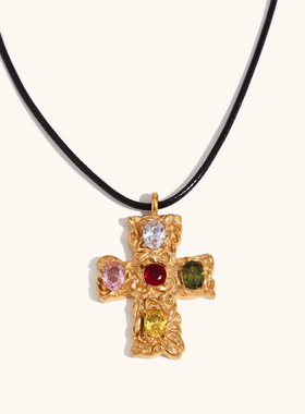 欧美跨境热卖时尚轻奢不锈钢镀18K金五彩捶打纹十字架黑绳项链女