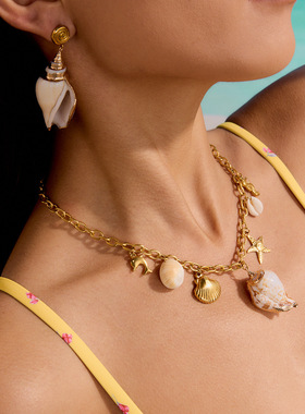 亚瑟欧美不锈钢潮流沙滩天然贝壳海螺耳环海洋风项链项饰跨境批发