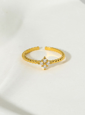 欧美跨境ins风小众轻奢开口镶锆石方形镀18K金不锈钢指环戒指女