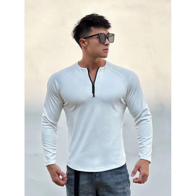 秋冬美式修身德绒保暖高弹健身运动显大半拉链圆领长袖男打底T恤