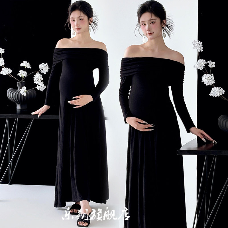 影楼新款孕妇照写真服装法式一字肩连衣裙高级感孕妈咪大肚照摄影