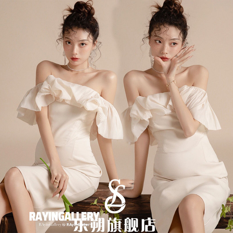 23新款孕妇照写真照片影楼高级感白色抹胸礼服孕妈咪写真拍照服装