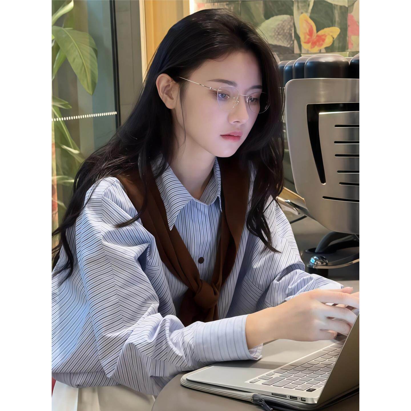 JOYIASS蓝条纹长袖衬衫女装秋季2025新款外贸原单翻领单排扣衬衫