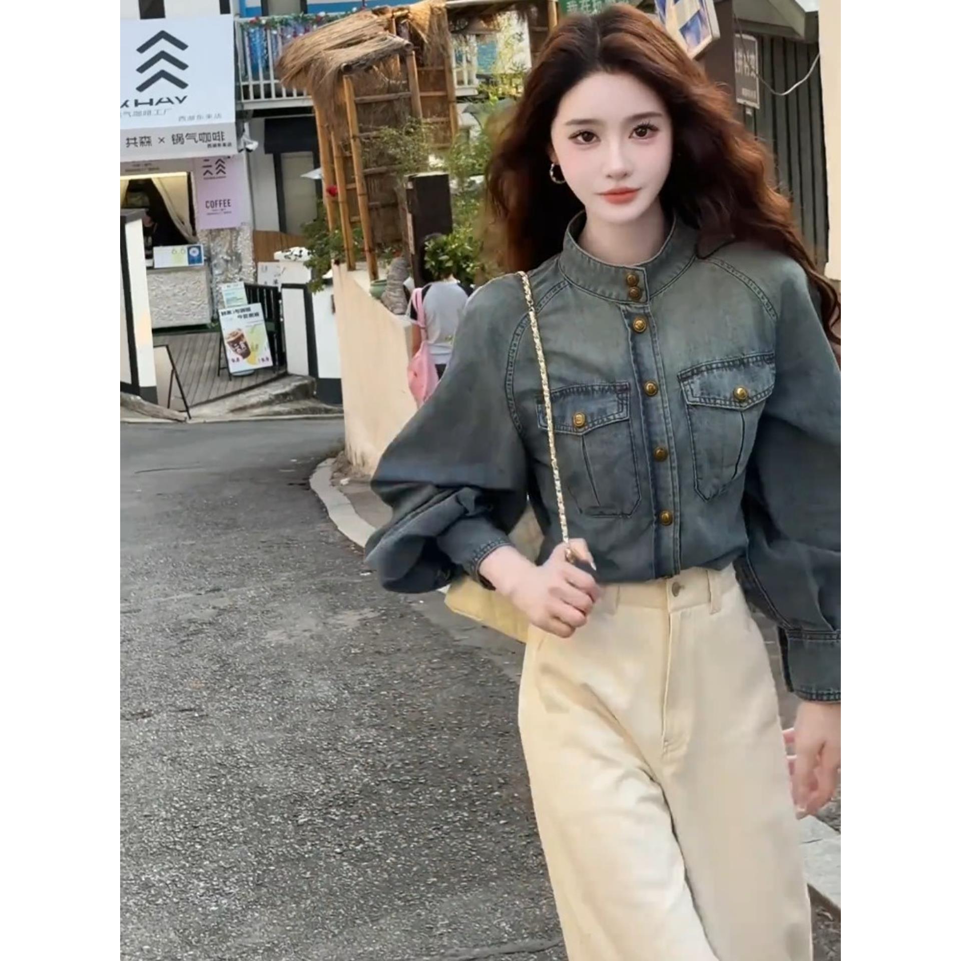 JOYIASS蓝色牛仔外套女装秋季2025新款外贸原单港风覆古短款夹克