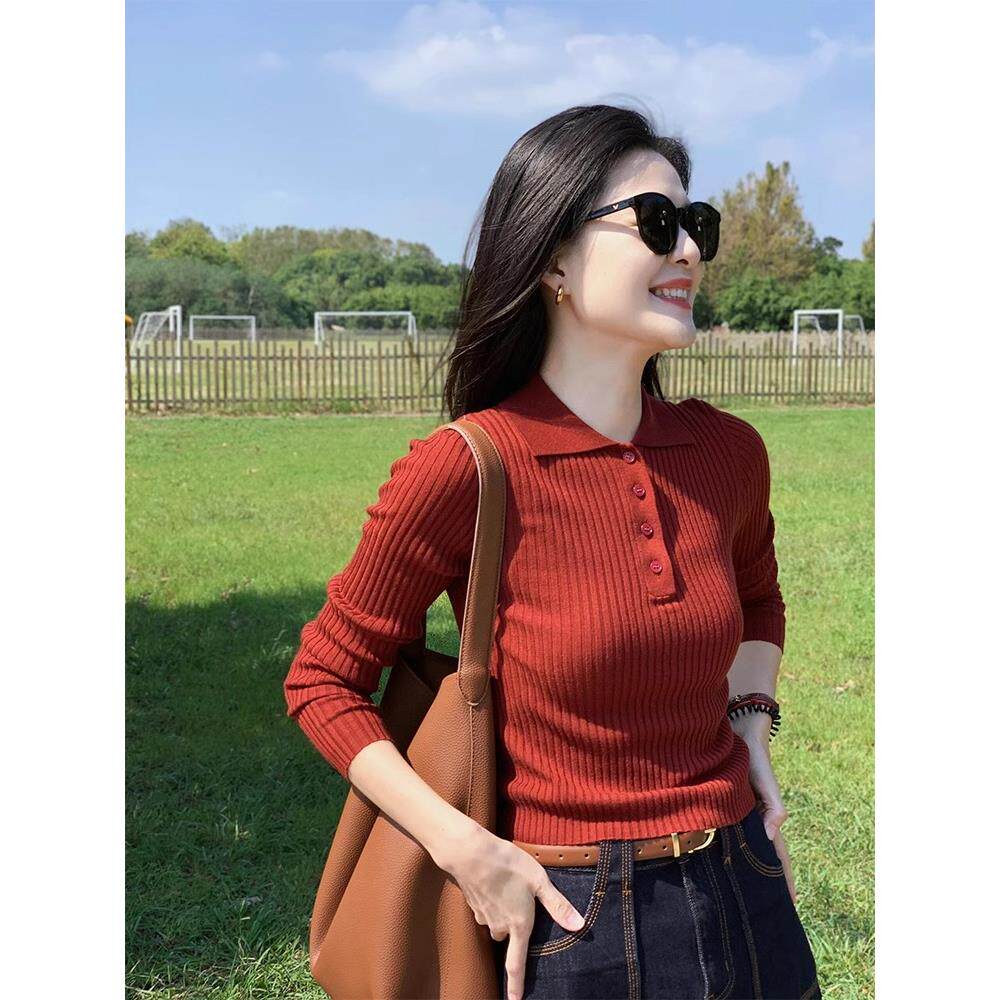 JOYIASS法式红色polo领针织上衣女装秋季2025新款外贸原单翻领毛