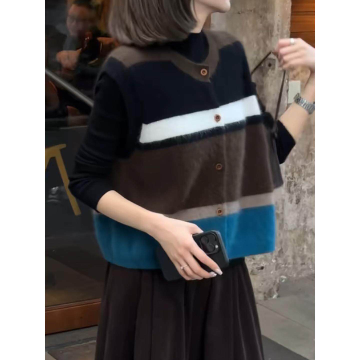 JOYIASS毛衣女装秋季2025新款外贸原单无袖叠穿马甲撞色针织开衫