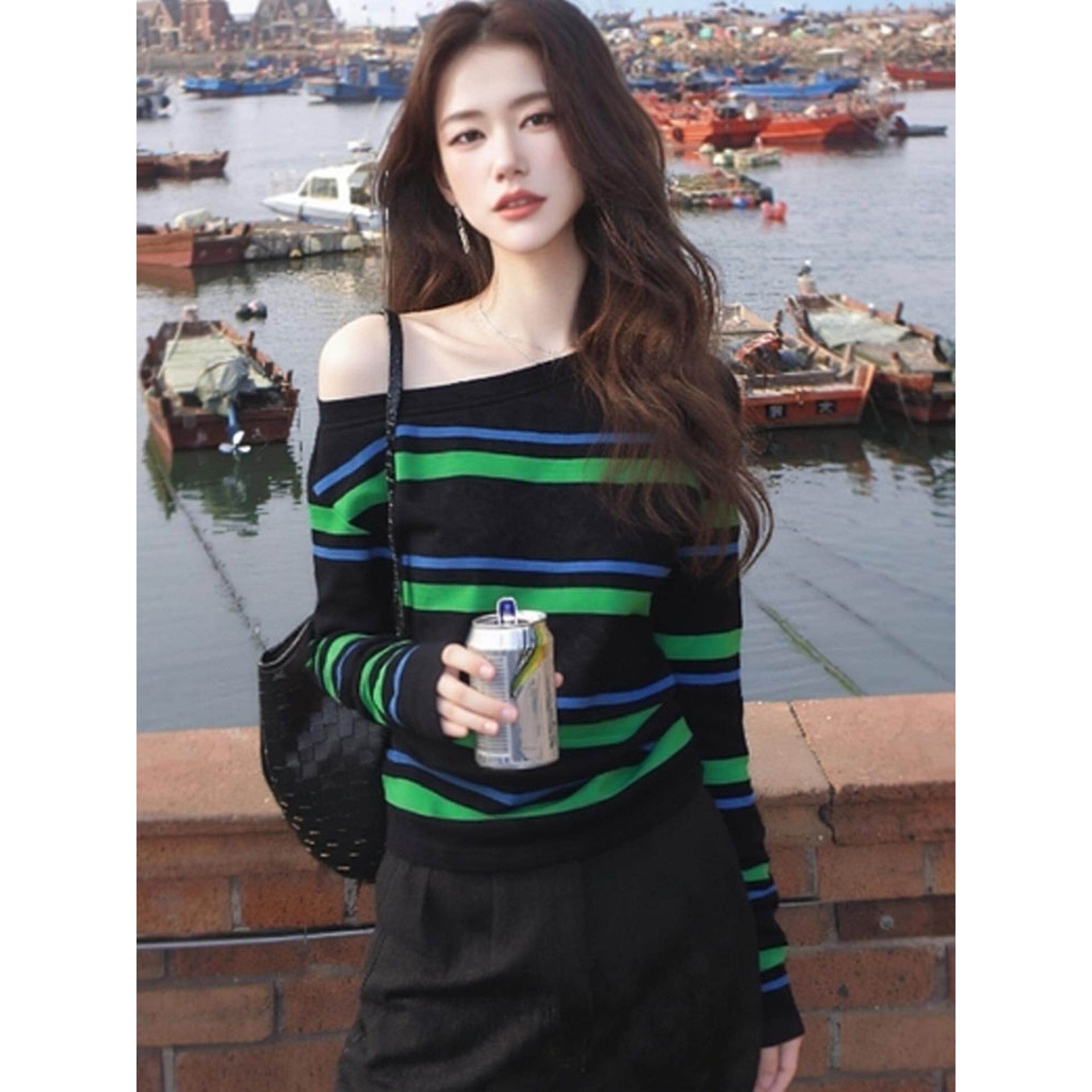JOYIASS独特上衣女装秋季2025新款外贸原单韩系不撞款斜肩条纹T恤