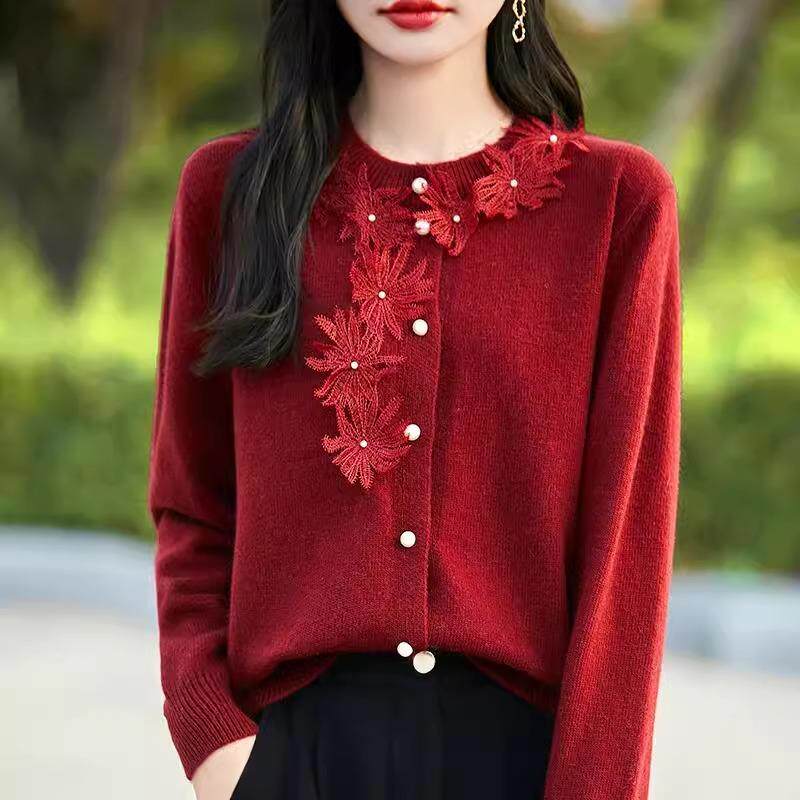 JOYIASS钉珠绣花针织开衫女装秋季2025新款外贸原单圆领长袖毛衣