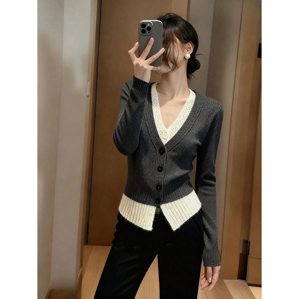 JOYIASS灰色假两件毛衣女装秋冬季2025新款外贸原单软糯气质小香